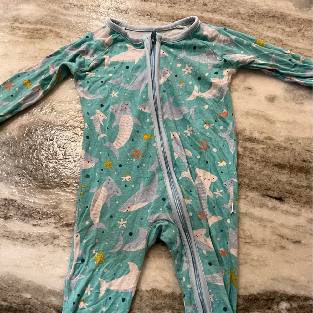 Little Sleepies Shark Soirée zippie. Size 0-3 months.
